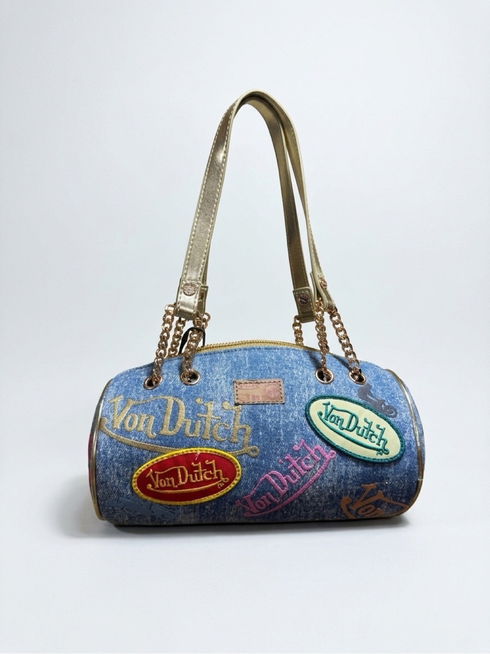Von Dutch Blue Denim Barrel Bag with Gold Chain Straps
